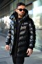 Men's Winter Leather Coat with Hooded Side Zipper Detail