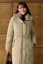 Fur Collar Detailed Zipper Patterned Quilted Long Coat Beige 6801 - 3