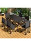 A complete multifunctional outdoor furniture set including a long collapsible table and six foldable