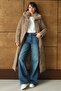 Fur Collar Detailed Zipper Patterned Quilted Long Coat S.Brown 6801 - 2
