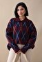Buttoned Diamond Pattern Navy Blue Knit Sweater