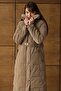 Fur Collar Detailed Zipper Patterned Quilted Long Coat S.Brown 6801 - 3