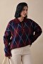 Buttoned Diamond Pattern Navy Blue Knit Sweater - 4