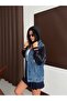 Women's Paneled Stone Hooded Blue Loose Denim Jacket - 2