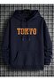 Unisex Tokyo Printed 3 İp Ş Fleece-Lined K Hooded Navy Blue Thick Sweatshirt - 2