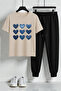 Unisex Jean Patterned Heart Design Printed T-Shirt - 2-Piece Tracksuit Set