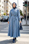 Women's Buttoned Belted Denim Blue Modest Dress - 6