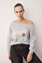 Gray Melange Anthracite Slogan Printed Open Shoulder Knitted Sweatshirt Twoaw26Sw00201 - 2