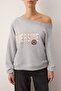 Gray Melange Anthracite Slogan Printed Open Shoulder Knitted Sweatshirt Twoaw26Sw00201 - 4
