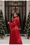Women's Long Satin Red Viscose Tie Waist Belted Dress - 3