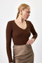 Brown Corded Fabric V-Neck Long-Sleeve Women's Bodysuit 8266A - 6