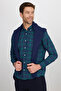 Men's Regular Fit Classic Cut Button Lapel Small Checkered Cotton Green-Blue Shirt - 2