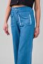 Women's Flared Jeans with Flap Pockets, Distressed Stitching, Elastic Waist, Slim Fit, Indigo Light Blue - 7