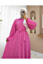 Pearl Detailed Balloon Sleeve Skirt Flounced Half Buttoned Crinkle Dress-Pink - 2