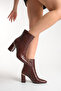 Women's Brown Crocodile Patent Leather Pointed Toe Boots Offer a Stylish and Modern Posture with Their 8.5 cm Heel. - 7
