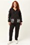 Women's Large Size Black Tracksuit Set with Pocket Detail and Zipper