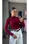 Half Turtleneck Long Sleeve Burgundy Women's Long Blouse - 3
