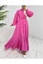 Pearl Detailed Balloon Sleeve Skirt Flounced Half Buttoned Crinkle Dress-Pink - 3