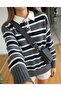 Anthracite Striped Polo Neck Buttoned Women's Knitwear Sweater - 6