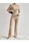 Beige Crew Neck Long Sleeve Twist Front Lycra Blouse Spanish Flare Pants Set, Lycra Beige Set - 2