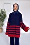 Double Color Striped Hijab Double Knitwear Set - Navy Blue - 3