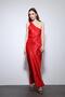 Red Asymmetrical Neckline Satin Long Dress - 4