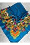Mardin Calligraphy Oil Blue Floral Patterned Headscarf on a Blue Background 100X100 cm – Dowry and Daily Use