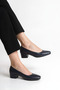 Genuine Leather Navy Blue Low Heeled Square Toe Classic Stewardess Shoes - 5