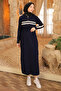 Navy Blue Collar Zippered Corded Fabric Striped Knitwear Dress - 2