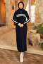 Navy Blue Collar Zippered Corded Fabric Striped Knitwear Dress