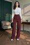 Burgundy High-Waist Palazzo Pants with Hook-and-Loop Detail, Pleated Front, Wide-Leg