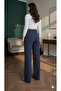 Navy High-Waist Palazzo Pants with Hook-and-Loop Detail, Pleated Front, Wide-Leg - 4
