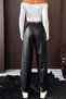 Elastic Waist Double Pocket 3 Color Pipe Leg Leather Trousers - Black - 3