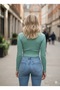Moss Green Ribbed Half Turtleneck Camisole Crop Body Darkalıp Long Sleeve Knitted Blouse - 6