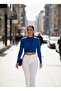 Blue Ribbed Half Turtleneck Camisole Crop Body Darkening Long Sleeve Knitted Blouse