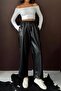 Elastic Waist Double Pocket 3 Color Pipe Leg Leather Trousers - Black