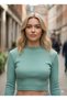 Moss Green Ribbed Half Turtleneck Camisole Crop Body Darkalıp Long Sleeve Knitted Blouse