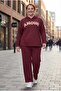 Women's Plus Size Hooded Amour Written Claret Red Tracksuit Set - 7