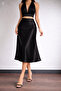 Black Midi Length Satin Skirt with Elastic Waist, Midi Skirt