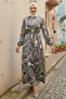 4037 Belted Patterned Dress Black - 3