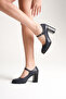 Women's Genuine Leather Strappy Heeled Shoes Navy Blue - 3