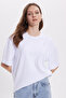Women's Oversize Wide Cut 100% Cotton Soft Textured Basic Crew Neck White T-Shirt Blouse - 2