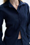 Women's Navy Blue Regular Fit Textured Long Sleeve Shirt - 3