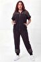Women's Large Size Transparent Cut Natural Stone Printed Short Sleeve Black Tracksuit Set - 7