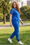 Women's Plus Size Blue Short-Sleeve Tracksuit Set with Sheer Cut Stone Print - 2