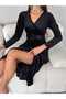 Women's Black, Double Breasted Neckline Detail Long Sleeve Midi Length Velvet Dress with Belt (125 cm) - 2