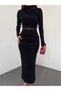 Stretchy Sandy Fabric Tulle Cutout Detail Mock Neck Long Sleeve Midi Length Black Pencil Dress 583154 - 5