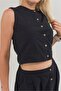 Women's Black Color Pleated Front Buttoned Cotton Skirt - 7