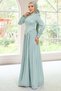 Stone Detailed Skirt Pleated Satin and Yoryo Silk Hijab Evening Dress Mint 1046 - 2