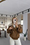 Collar Fur Trim Bone Button Detail Brown Trench Coat - 3